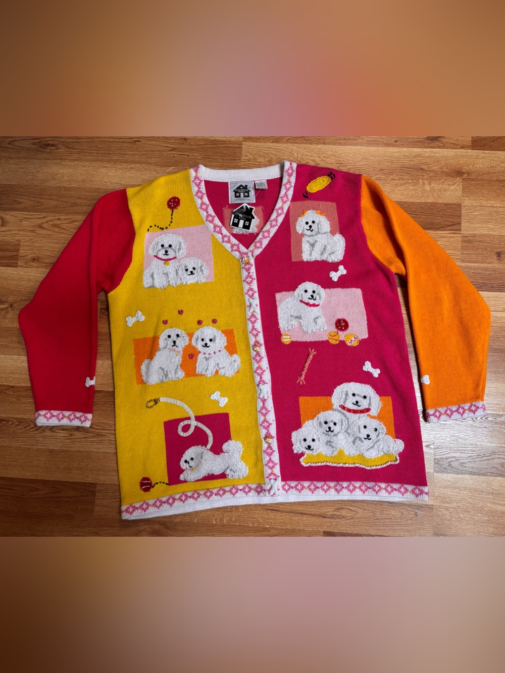 NWT Storybook Knits Woman’s Beaded Cardigan Sweater Bichon Frise Dogs Size 1X
